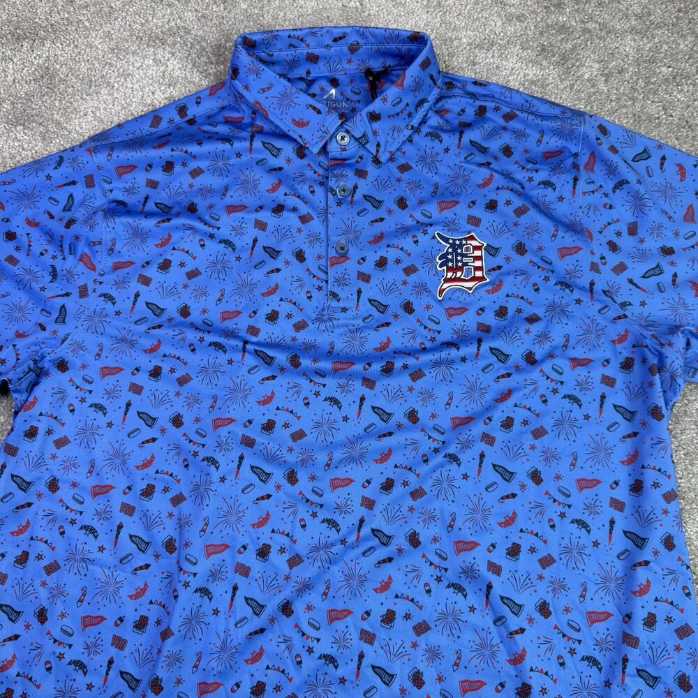 Detroit Tigers Antigua Polo Men’s Large Blue Patriotic Print Performance MLB